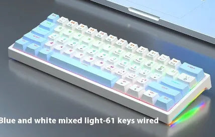Bluish-black 61-key mechanical keyboard with wired USB cable on desktop