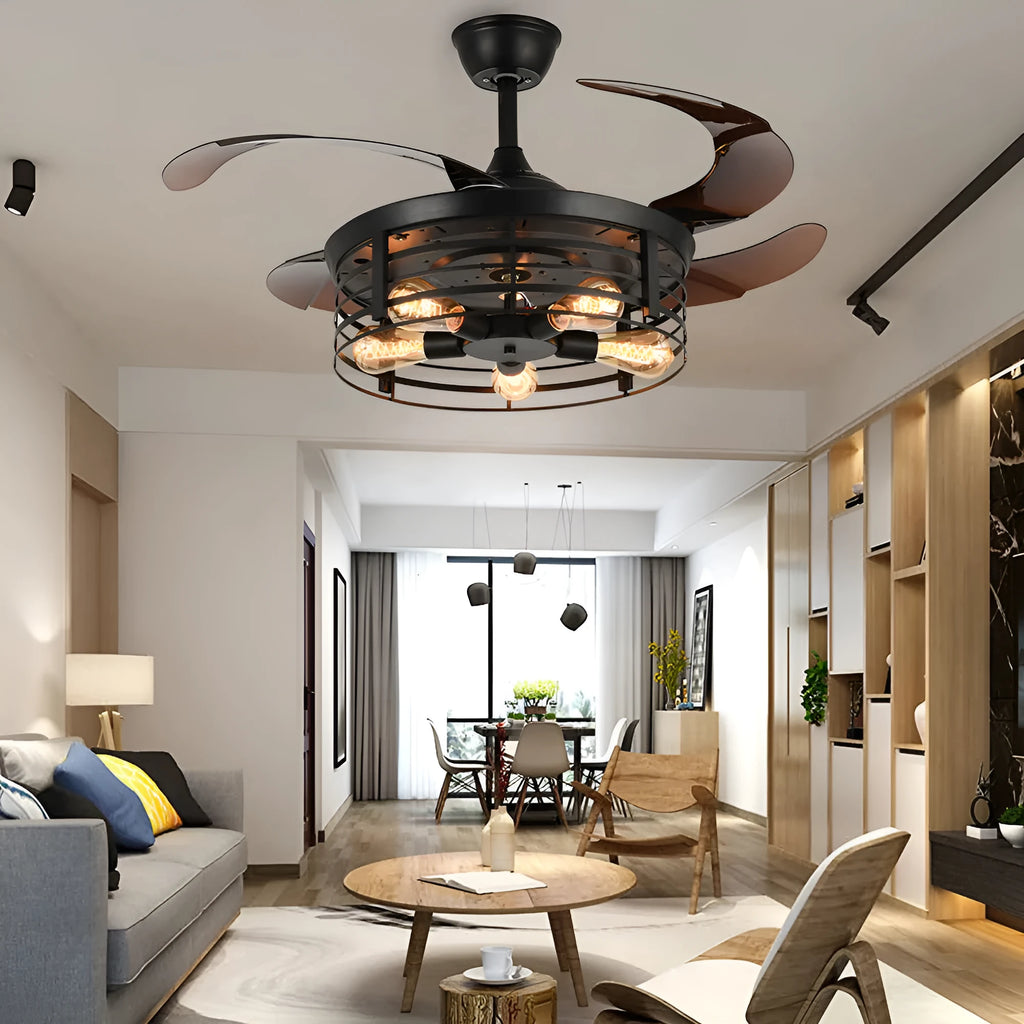 Industrial American retro style 42-inch ceiling fan with integrated light and remote control.