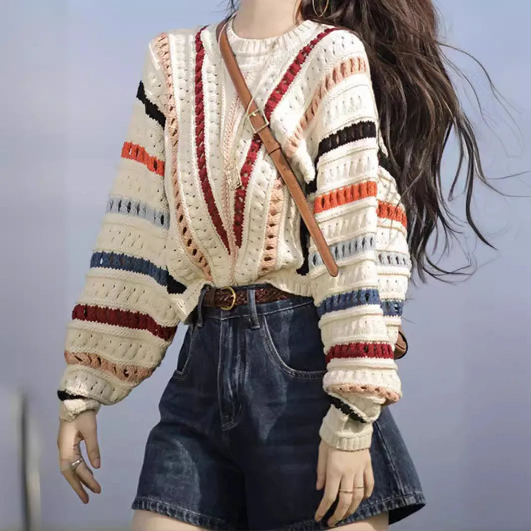Retro rainbow striped hollow sweater with batwing sleeves and round neck in loose casual style