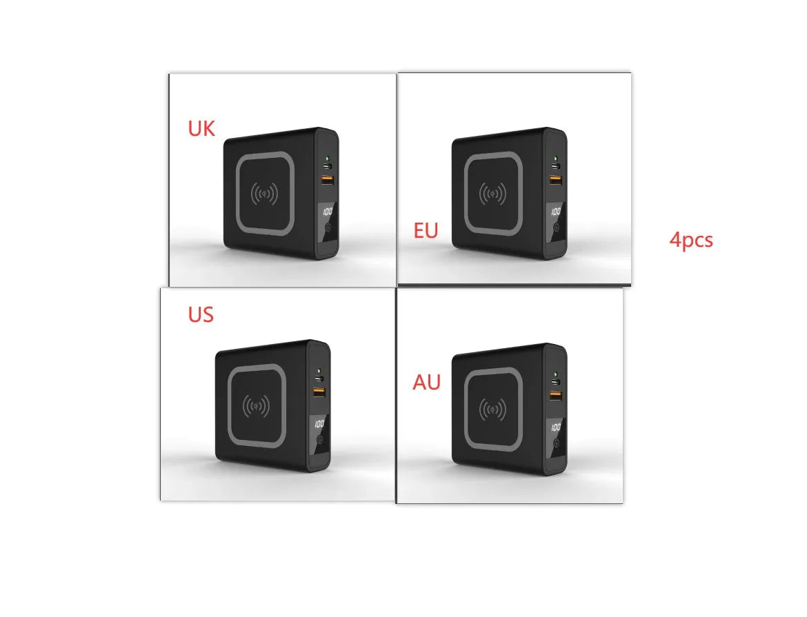 Black and white 10000mAh power bank with wireless charging, a fold-out plug, and international travel adapters.