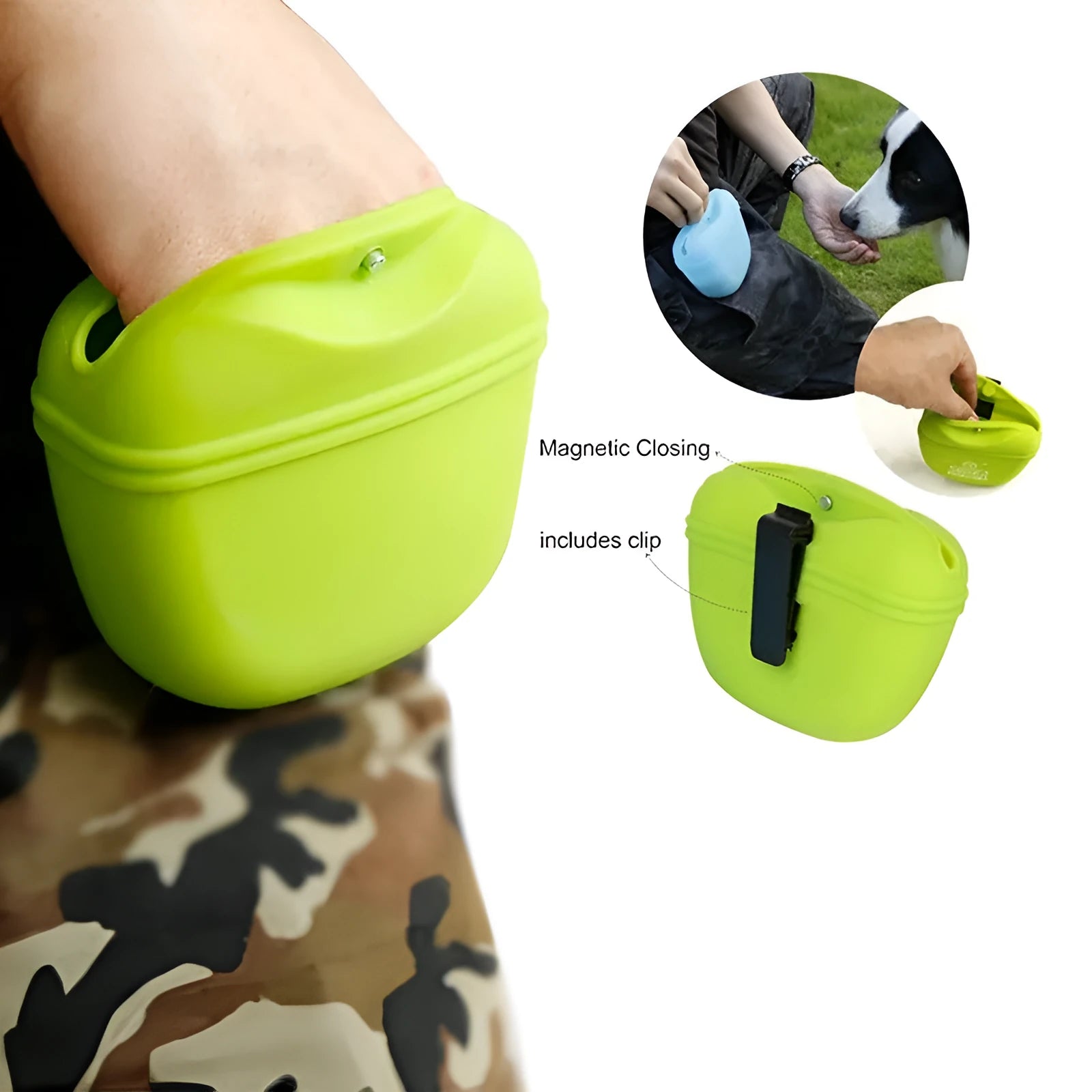 A silicone dog training treat pouch with a clip, shown in one of six available colours.