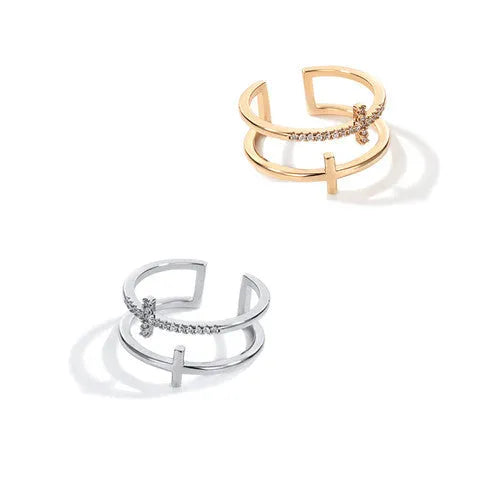 Women's adjustable copper open ring with geometric design and zircon centrepiece