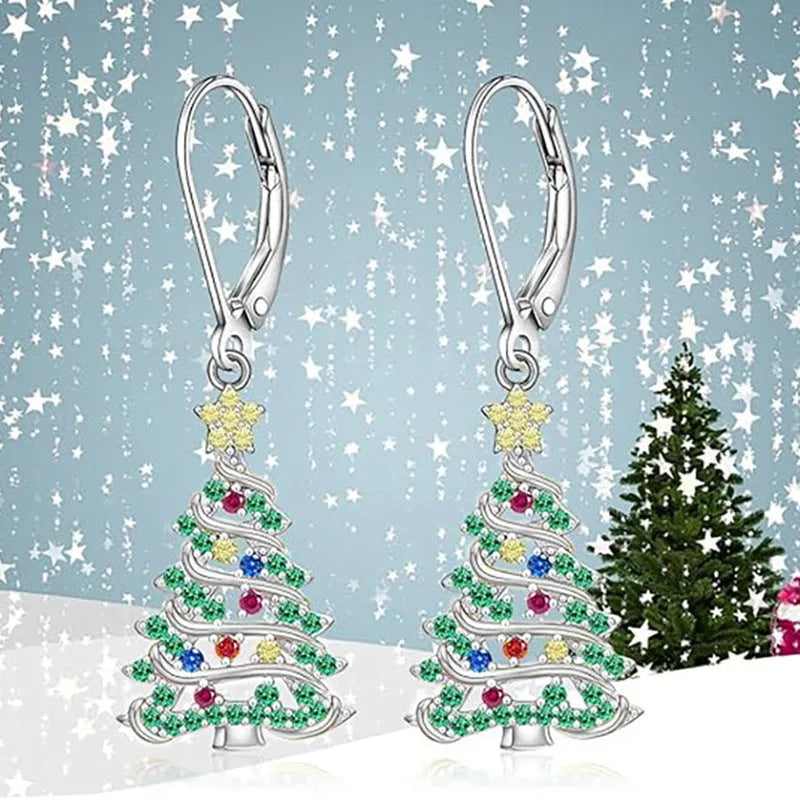 White gold colour Christmas tree earrings with star design for women