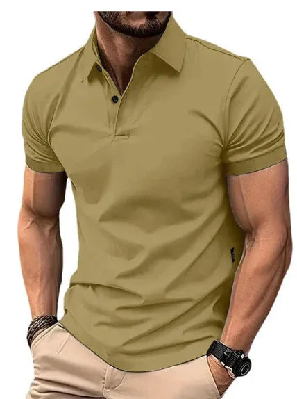Men's slim fit solid colour cotton blend short sleeve button-down shirt on a hanger.