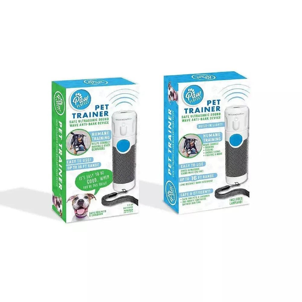 White handheld ultrasonic dog bark control trainer unit on a white background.