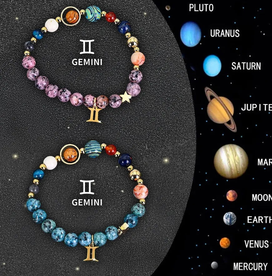 Two natural stone beaded bracelets for zodiac signs laid flat, showing varied bead colours and styles.