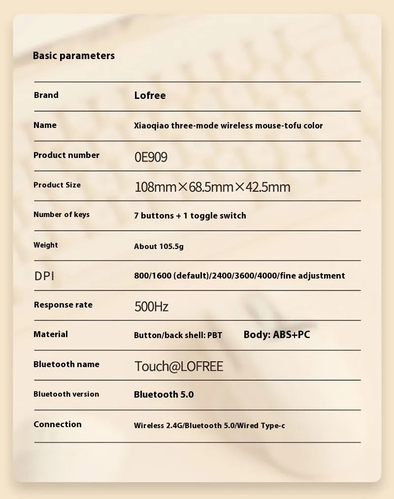 Xiaoqiao Three Mode Wireless Mouse in tofu colour showing seven buttons and four-way scroll wheel