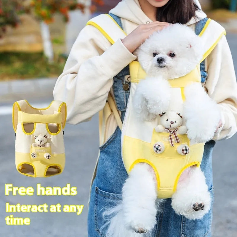 Soft canvas cat carrier bag with a yellow bear cartoon pattern and colourful stitching, shown in multiple size options.