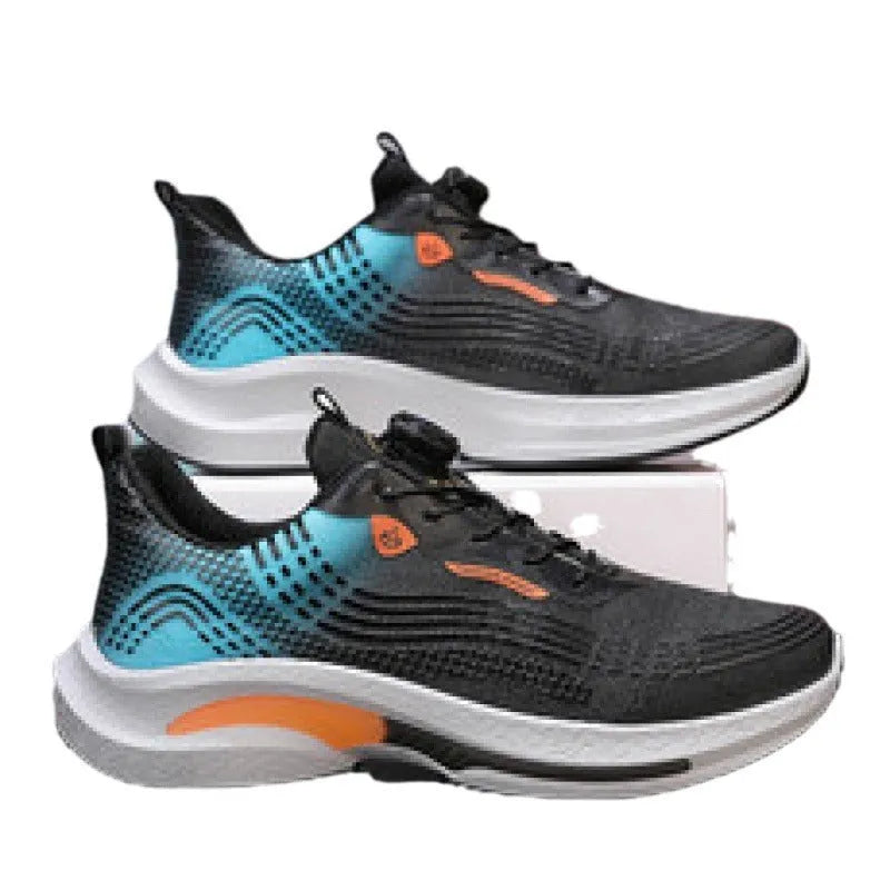 Men's white and blue mesh sneakers with rotating buckle closure and rubber sole