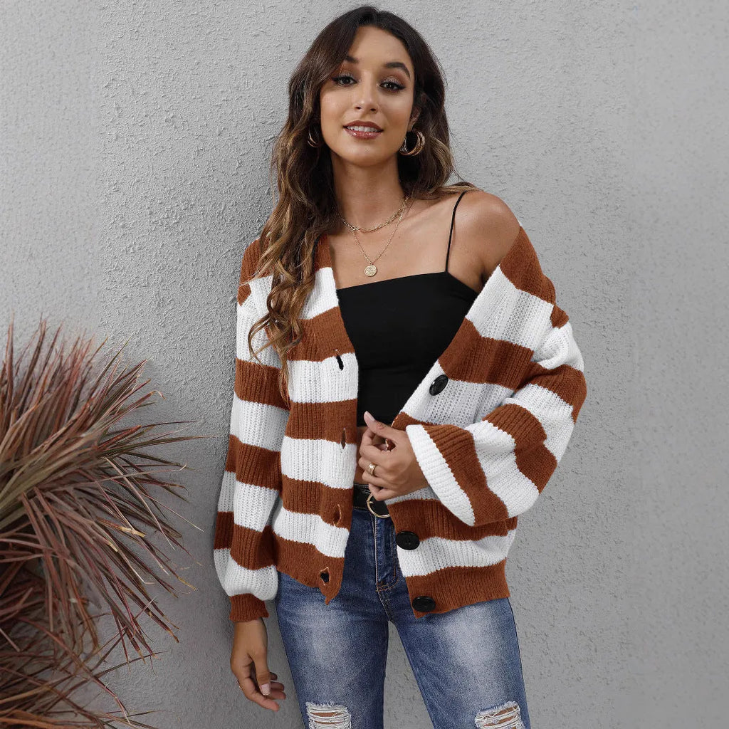 Women's striped cardigan sweater with button front in deer plush polyester fabric
