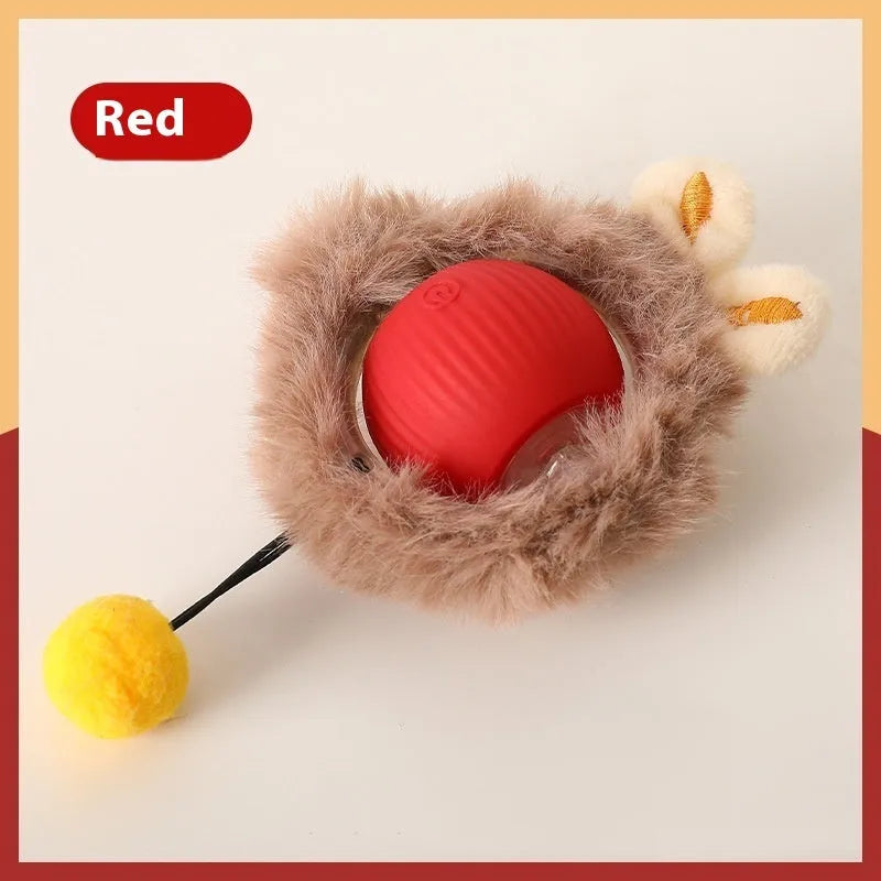 Flexible silicone rolling ball cat toy in plush red, green, and grey colours