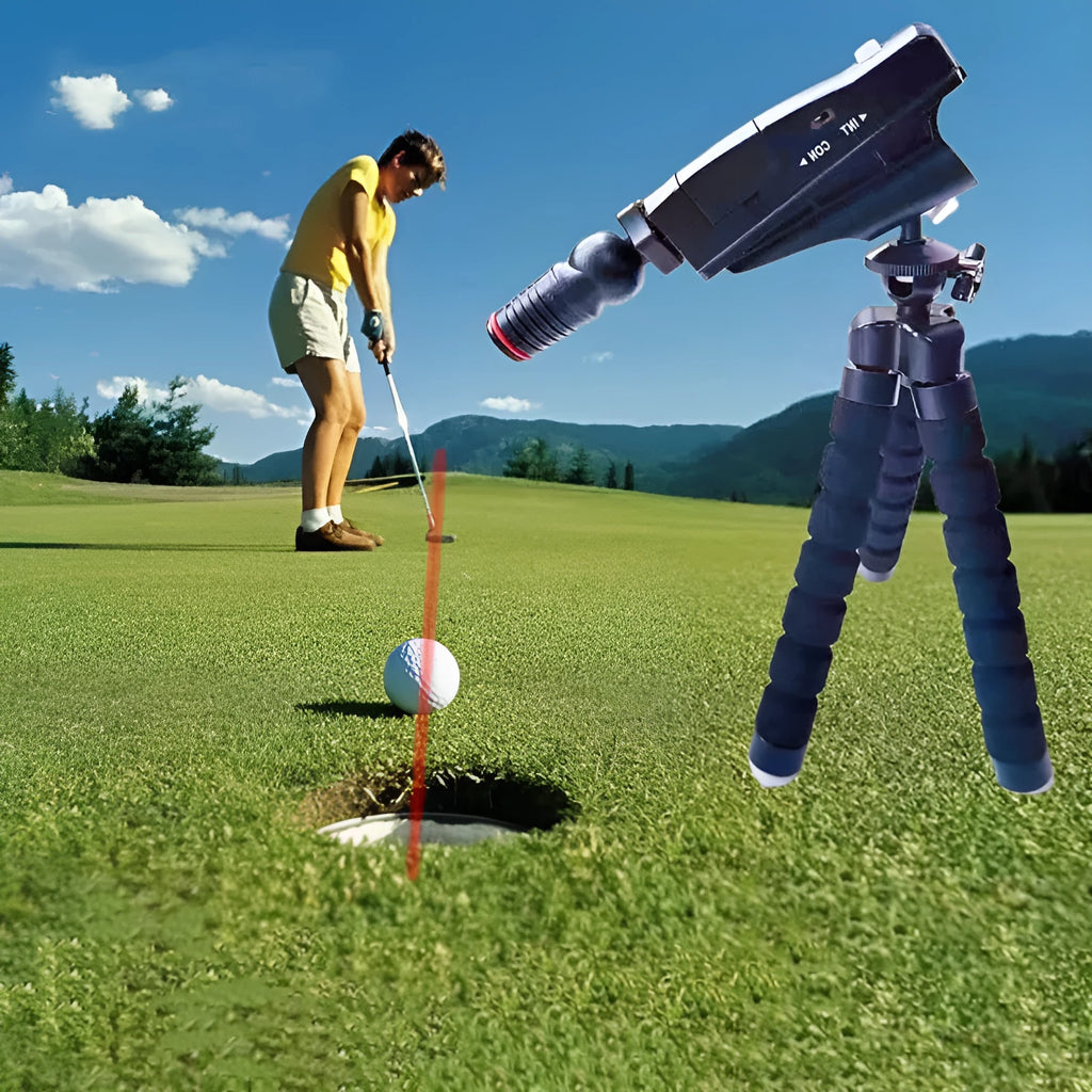 Golf putter laser aiming instrument showing different style configurations including basic unit, zipper box case, and tripod stand