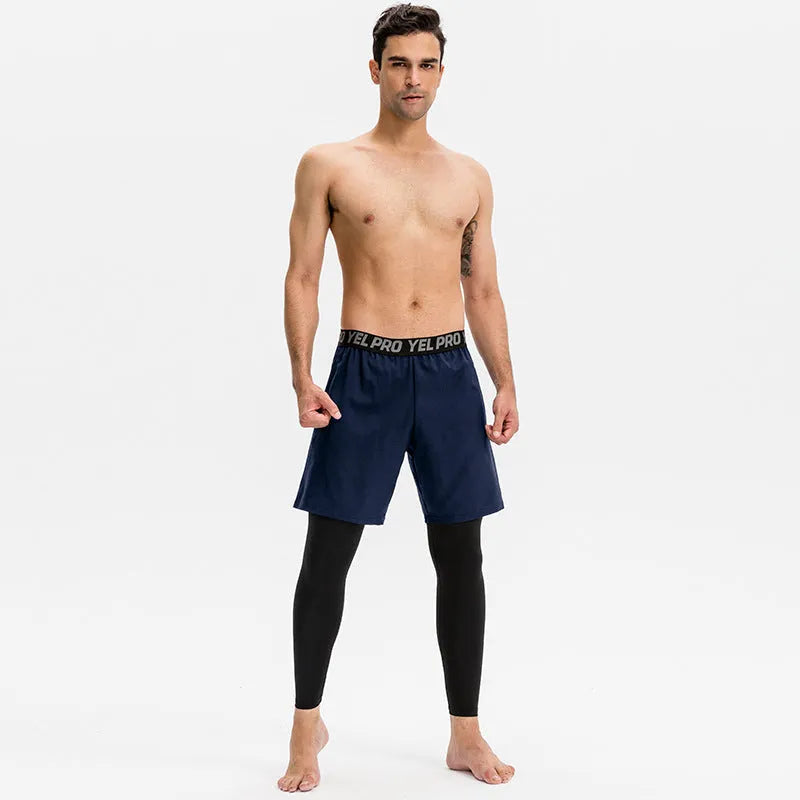 Man wearing grey high elastic tight pants for fitness training.