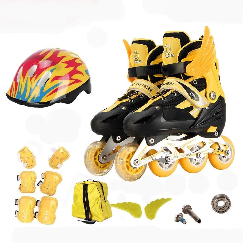 Children's adjustable roller skates with aluminium frame and protective gear including helmet, pads, and backpack