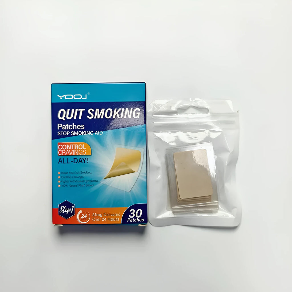 Box of 30 plant extract nicotine patches for smoking cessation with included stickers
