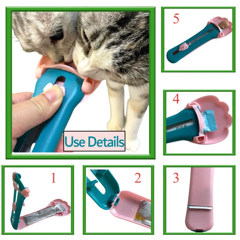 Green and pink pet food squeezer scoop dispensing a treat for a cat or dog.