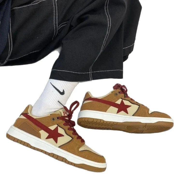 Brown women's platform sneakers with sequin details on PU leather upper and a white rubber sole.