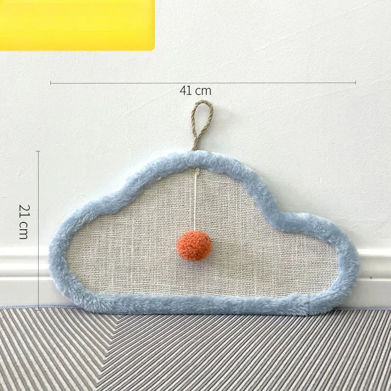 White natural sisal cat scratching mat with cartoon sleeping cat design, wall mounted