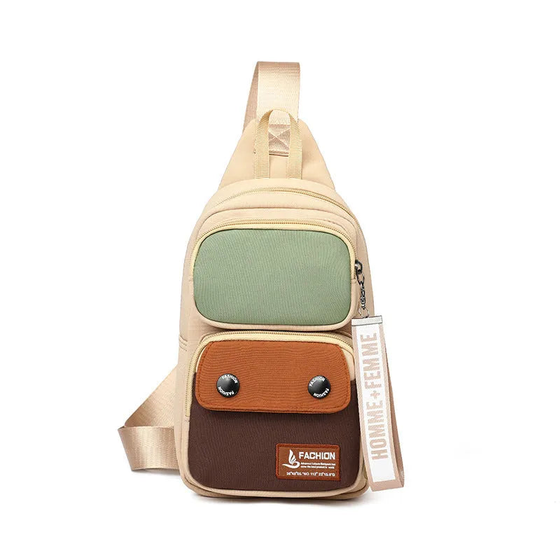 Nylon crossbody bag in contrasting colours with shoulder strap for outdoor leisure