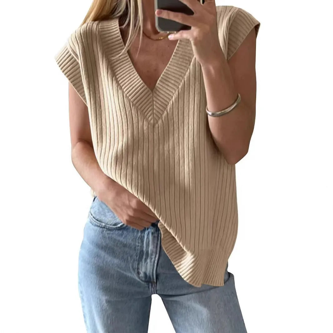 Camel and white V-neck sleeveless pullover vest showing striped and plaid pattern options