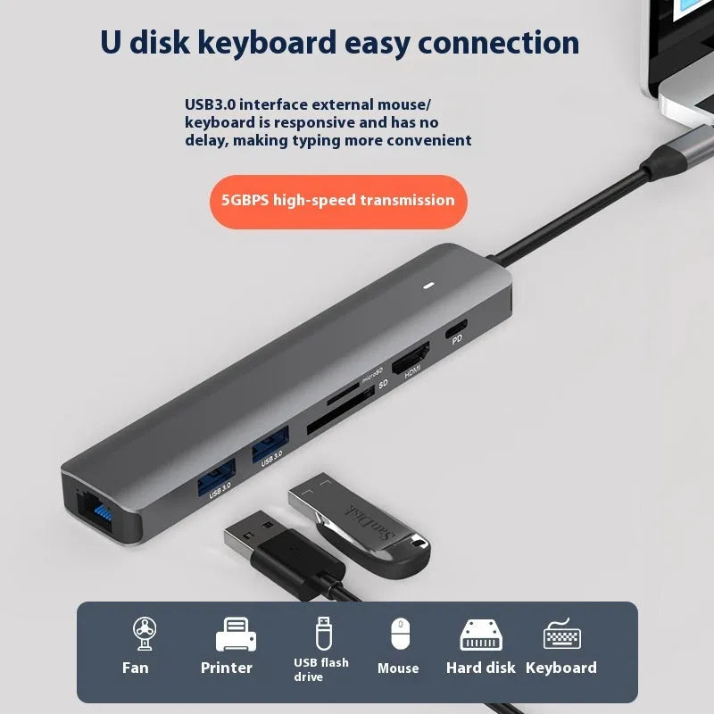 LQT-LH07 7-in-1 USB-C card reader and PD computer hub showing custom logo area.