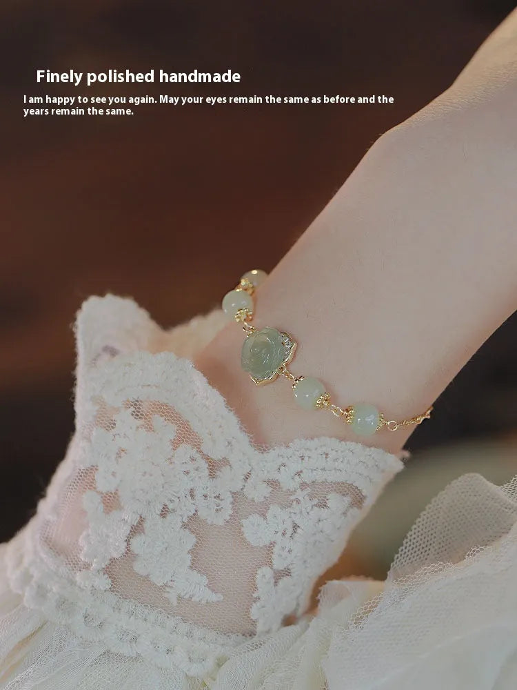 Women's Hetian jade bracelet with rose flower design and 14K gold plating, literary style