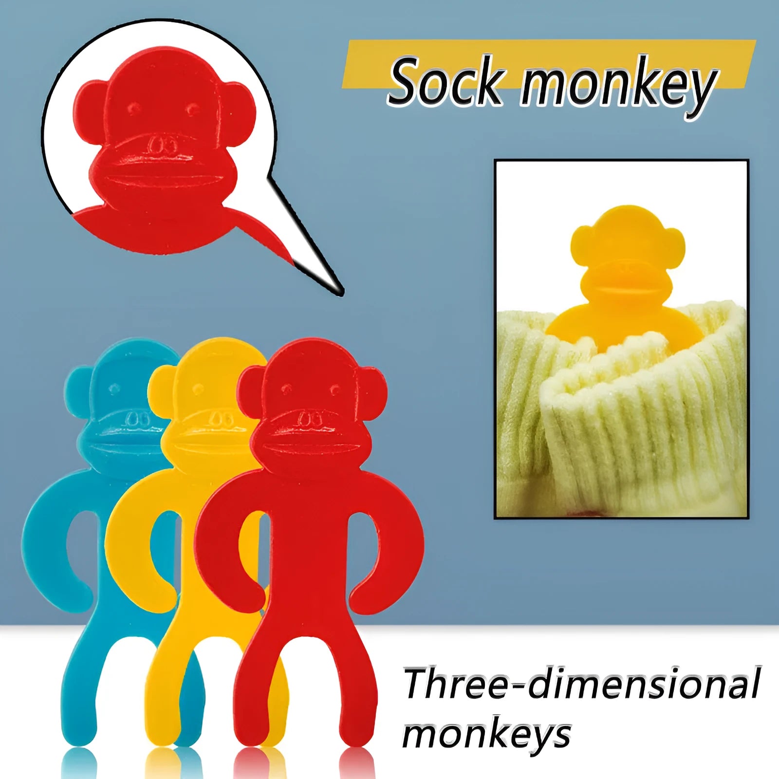 Plastic socks storage clips in blue, yellow and red colours for machine washing organisation