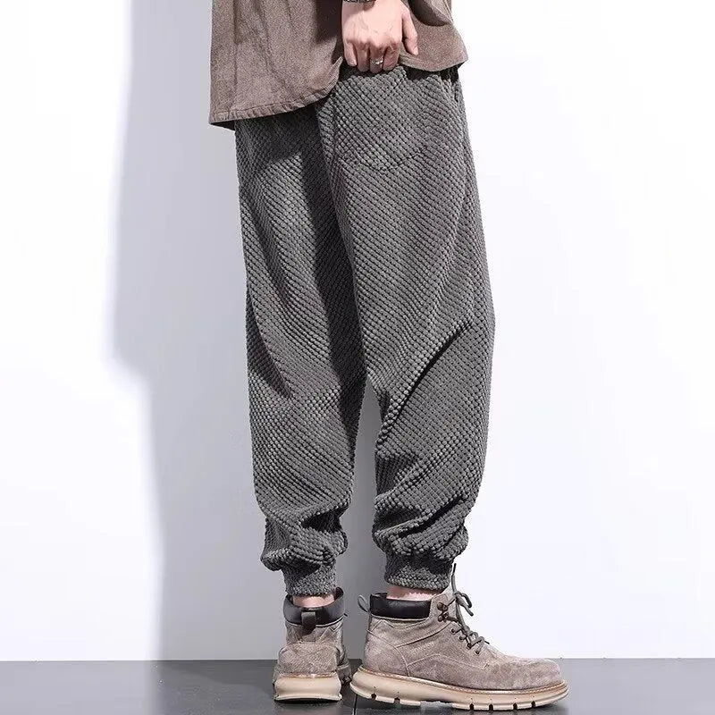 Men's grey ankle-tied casual sweatpants with straight leg design