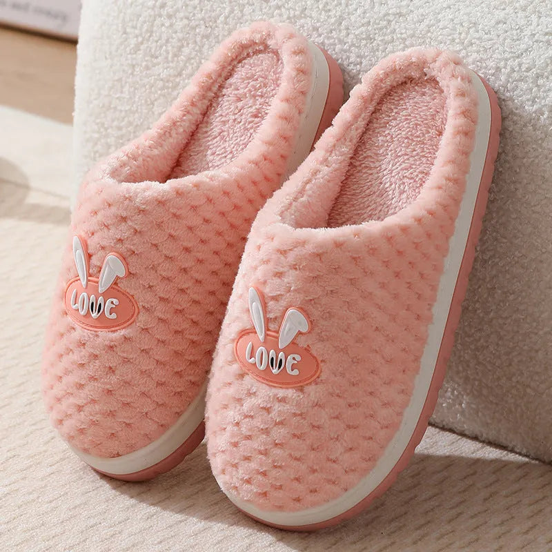 Women's rabbit plaid design winter slippers with thick rubber soles in apricot colour option
