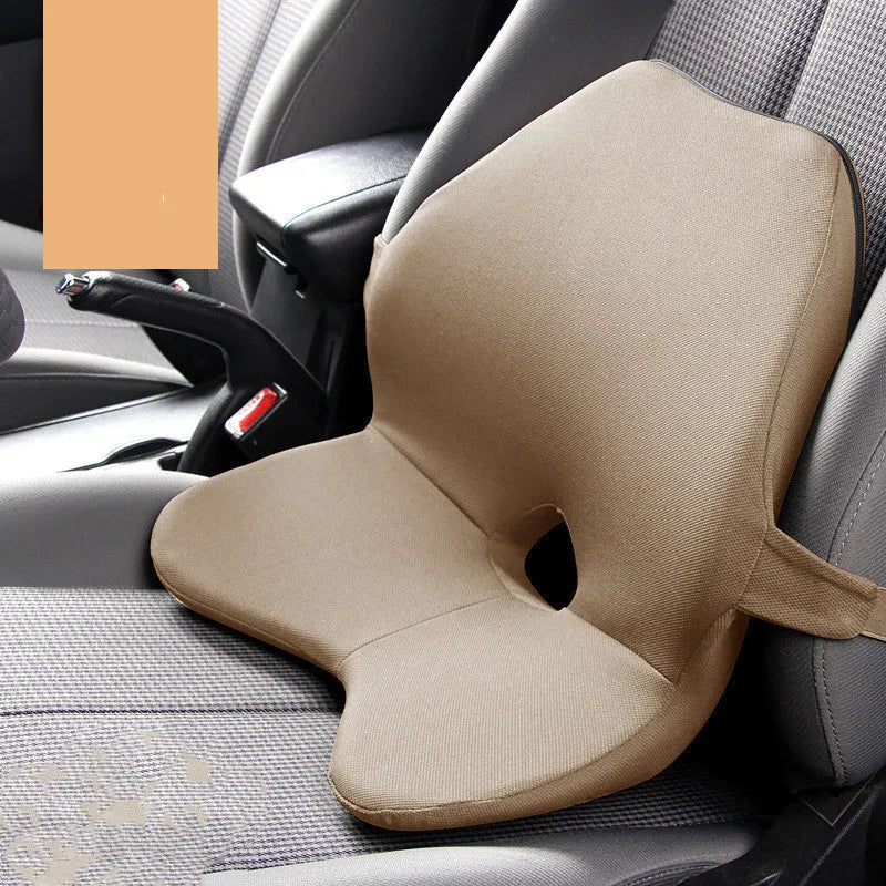 Memory foam car seat waist support pad in beige colour with optional headrest attachment