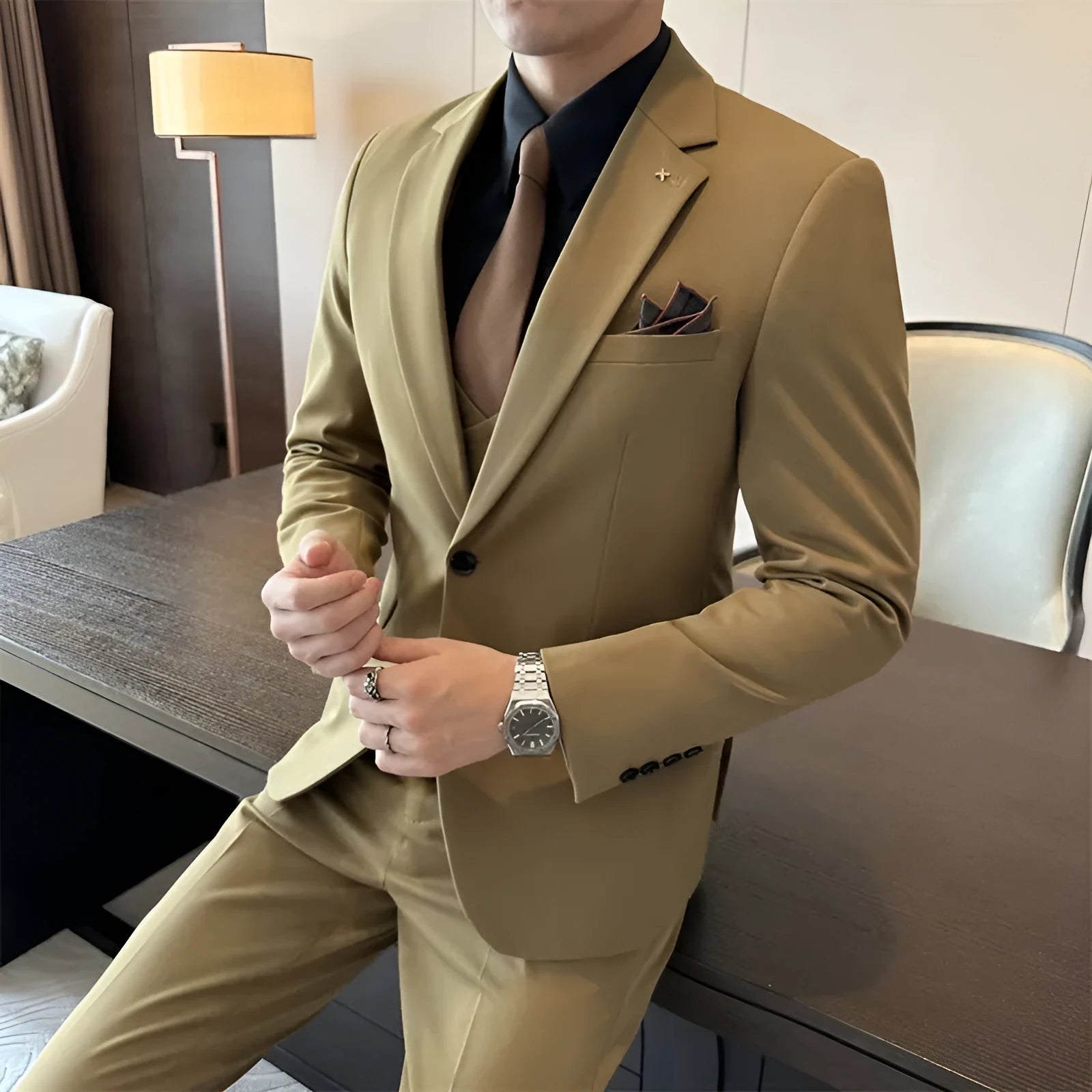 Men's dark green slim fit business suit with structured blazer and trousers