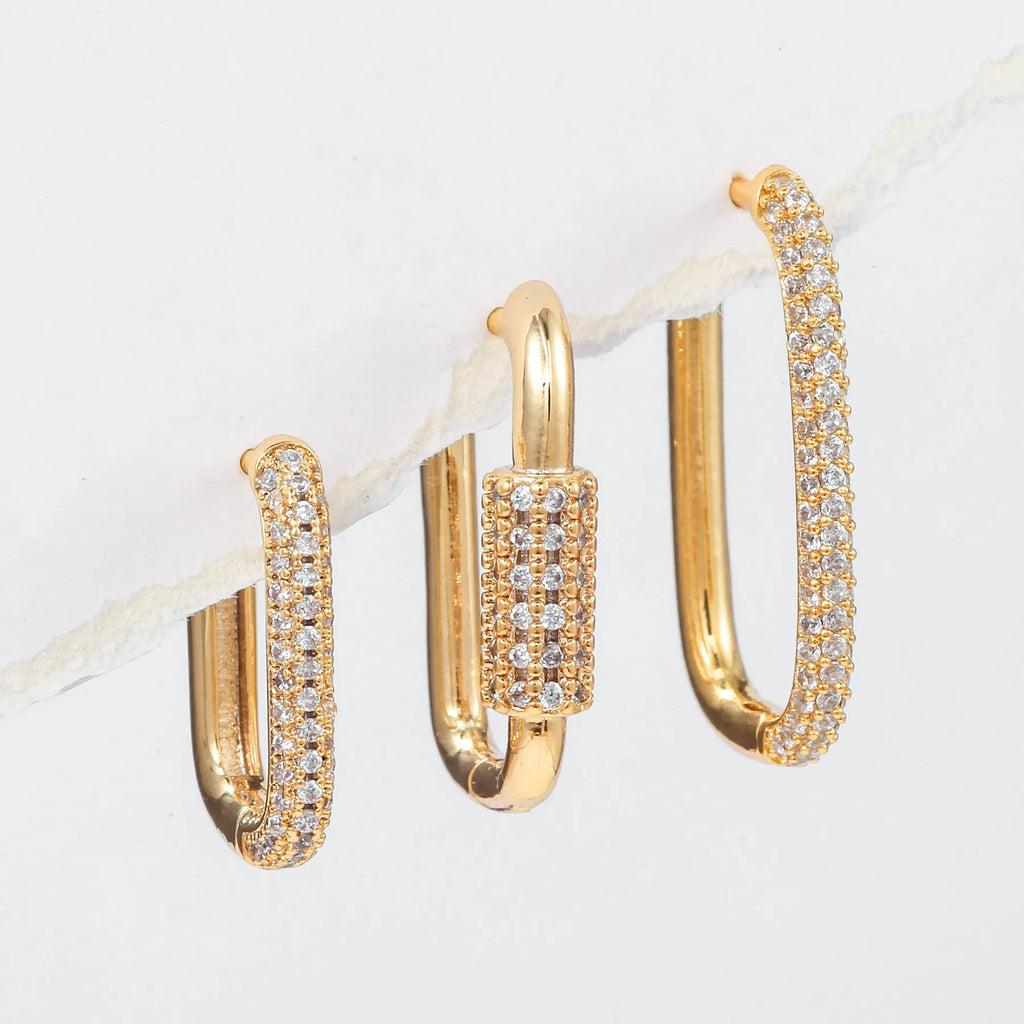 Geometric copper ear clip three-piece set with micro inlaid zircon detailing in gold and white finishes