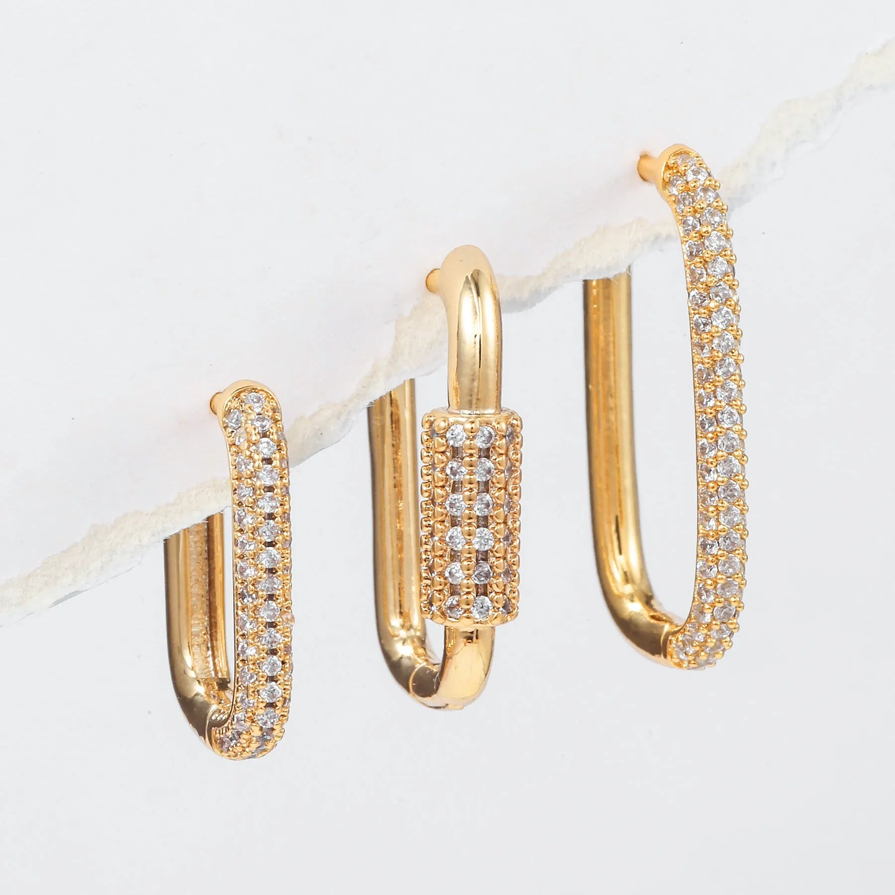 Geometric copper ear clip three-piece set with micro inlaid zircon detailing in gold and white finishes