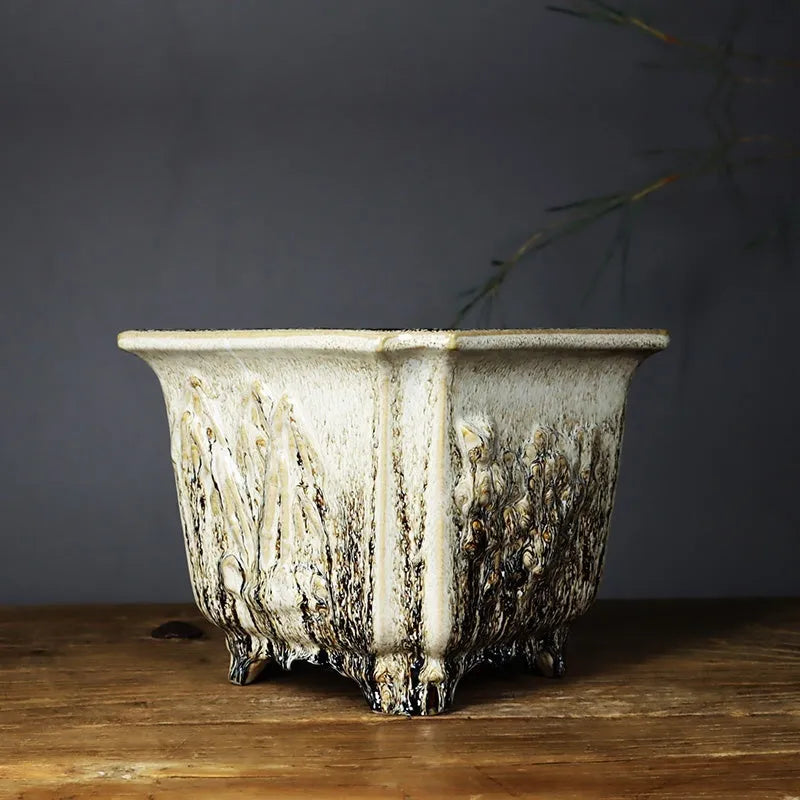 Square ceramic stoneware flower pot with decal pattern 22cm caliber green glaze change finish