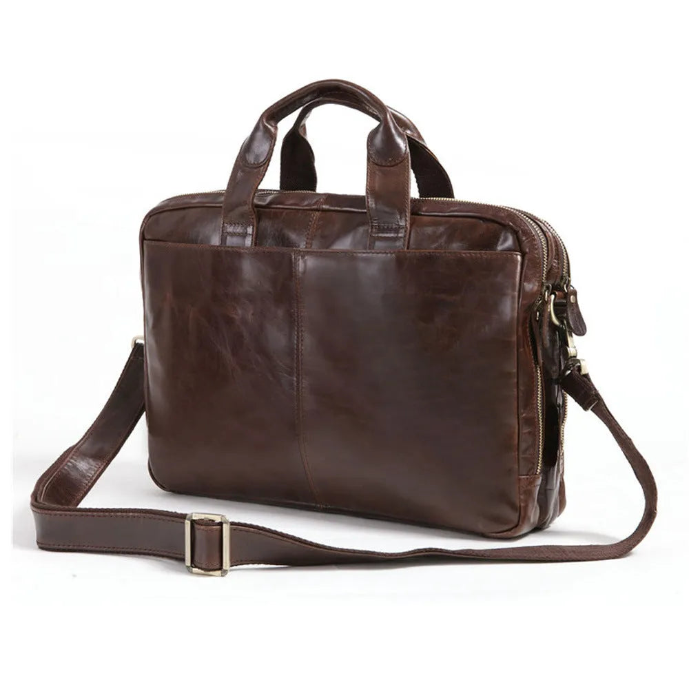 Brown leather men's business briefcase with 18-inch dimensions and polyester cotton lining