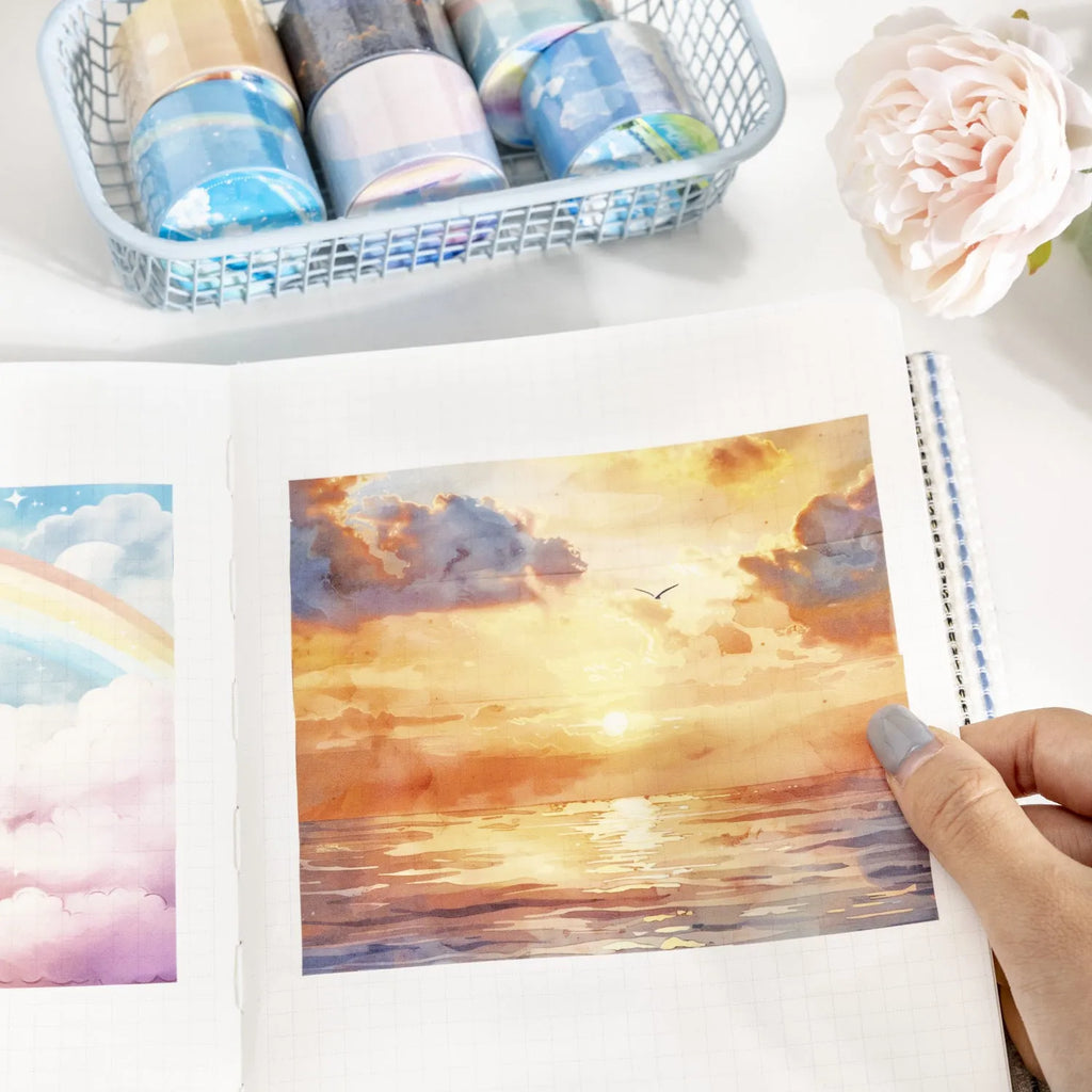 Japanese paper washi tape roll with sky theme designs including colourful clouds and twilight patterns