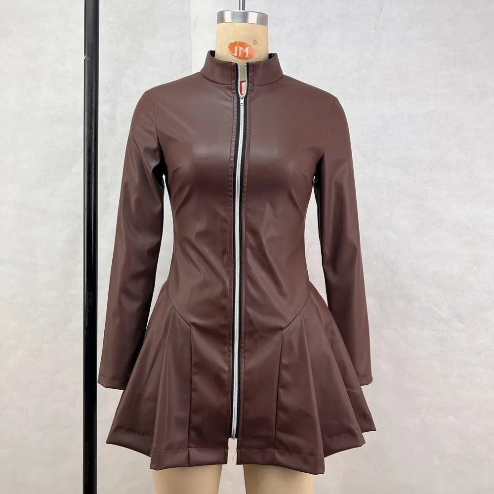Women's black PU leather slim fit pleated dress with long sleeves and zipper front, streetwear style