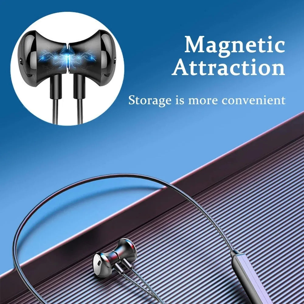 Black neck-mounted wireless Bluetooth sports earphones with custom logo printing option