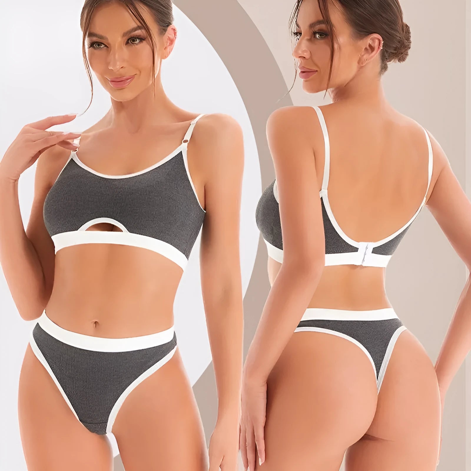 Women's contrast back sports bra vest and briefs set in black with underwire and padding.