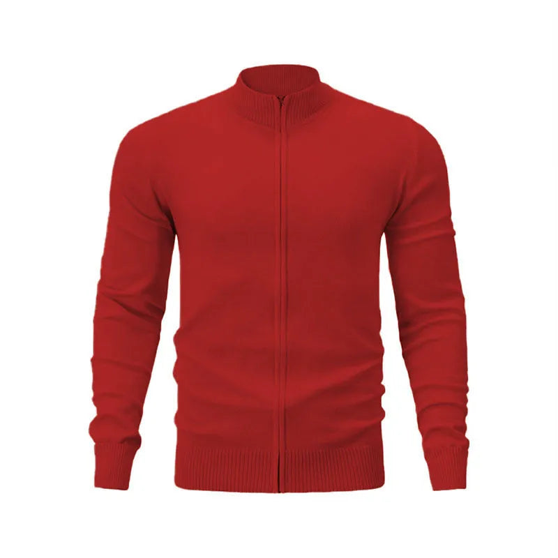 Man wearing a stand collar casual zip-up sweater in a solid colour, showing the full-length front zipper and loose fit.
