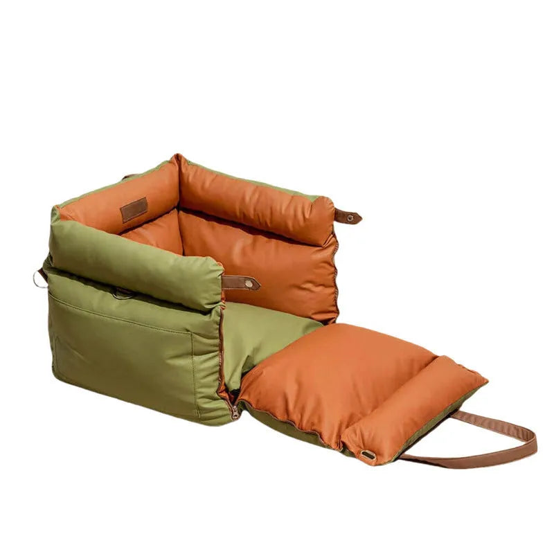 Green waterproof PU leather pet car nest bed for dogs, removable and washable.