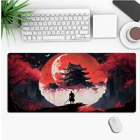 Custom anime graphic gaming mouse pad with non-slip rubber base on a desk.