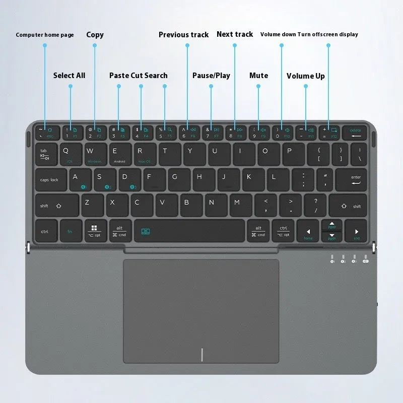 Grey folding Bluetooth keyboard with phone stand extended, showing compact folded size