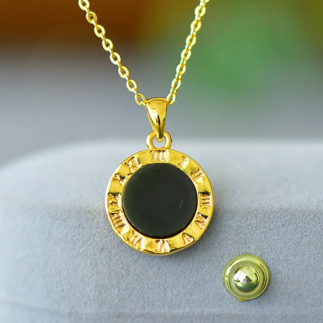 Flat grey Hetian Jade pendant with copper inlay and blue jadeware detail on a silver chain.