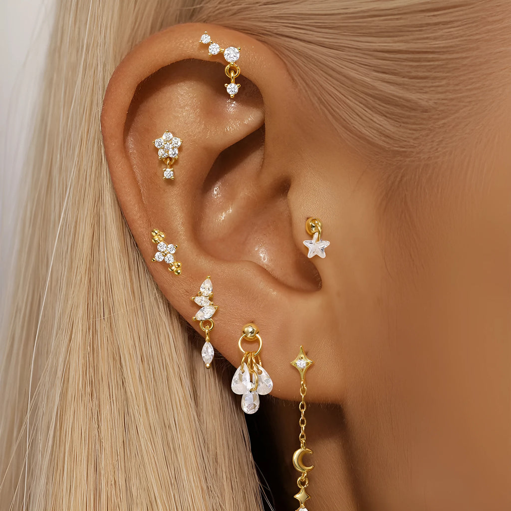 S925 sterling silver geometric moon and star earrings with cubic zirconia stones in a gold tone finish.