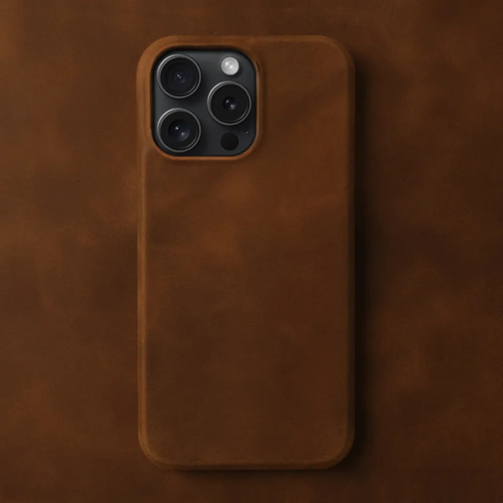 Genuine leather Crazy Horse pattern phone case for iPhone showing textured brown finish and precise camera cutout