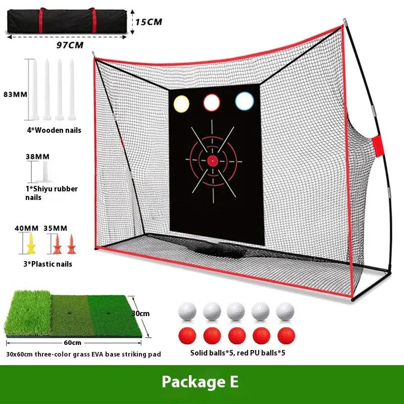 Golf wedge training net set with cross net, straw mat, practice balls and setup accessories