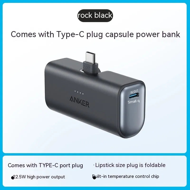 Capsule-shaped 5000mAh power bank in various colours showing Type-C port and foldable C head