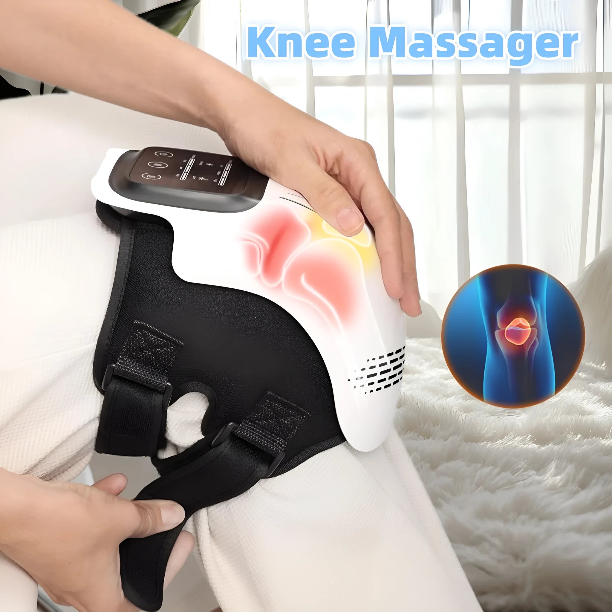 Rechargeable knee massager with intelligent kneading heating and infrared laser vibration in white or wood colour