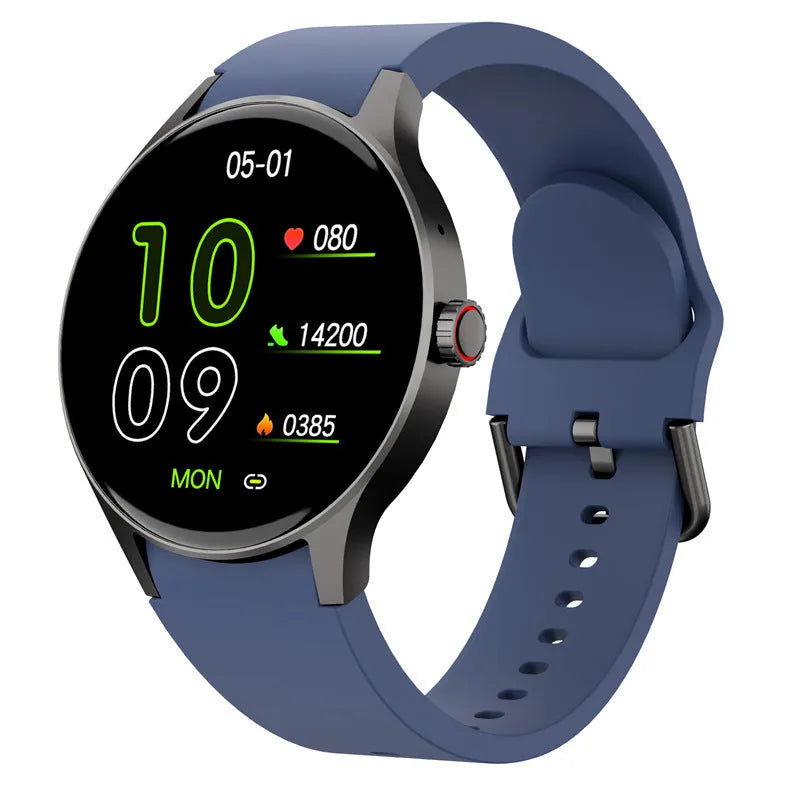 Men's and women's black Bluetooth sport watch with 1.43-inch round screen on wrist, showing display.